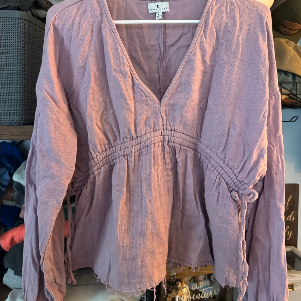 True Craft Pink Smocked Tie Front Long Sleeve Blouse